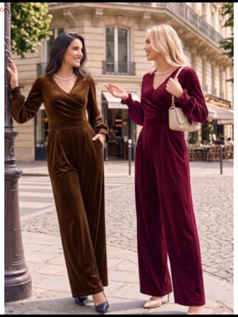 Velvet V-Neck Long Sleeve Wide Leg Jumpsuit with Pockets - Picture 5 of 6